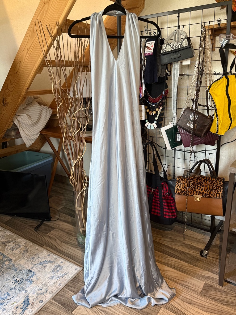 Show Me Your Mumu Jasmine Halter Maxi Dress Blue Satin Backless XXS